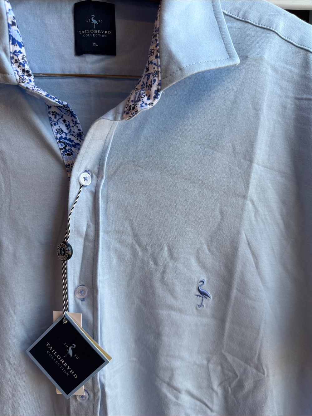 Tailorbyrd Pale Blue Men’s knit Button-Down Shirt with Floral Trim